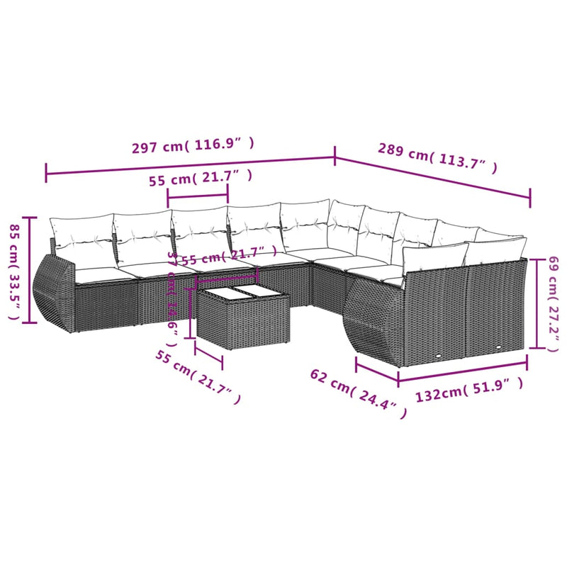 vidaXL 11 Piece Garden Sofa Set with Cushions Black Poly Rattan