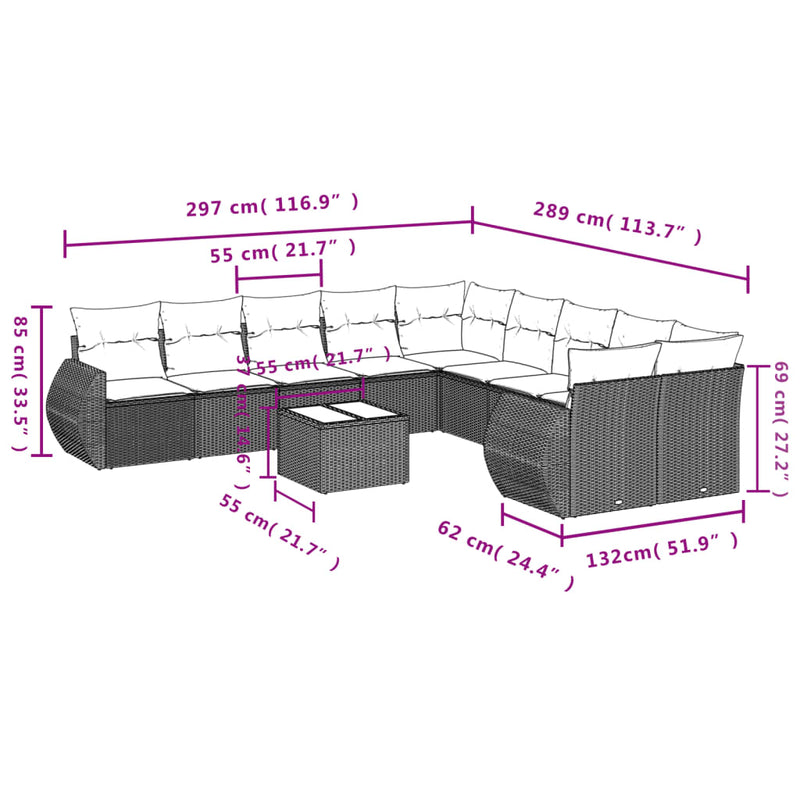 vidaXL 11 Piece Garden Sofa Set with Cushions Grey Poly Rattan