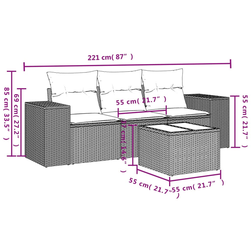 vidaXL 4 Piece Garden Sofa Set with Cushions Grey Poly Rattan