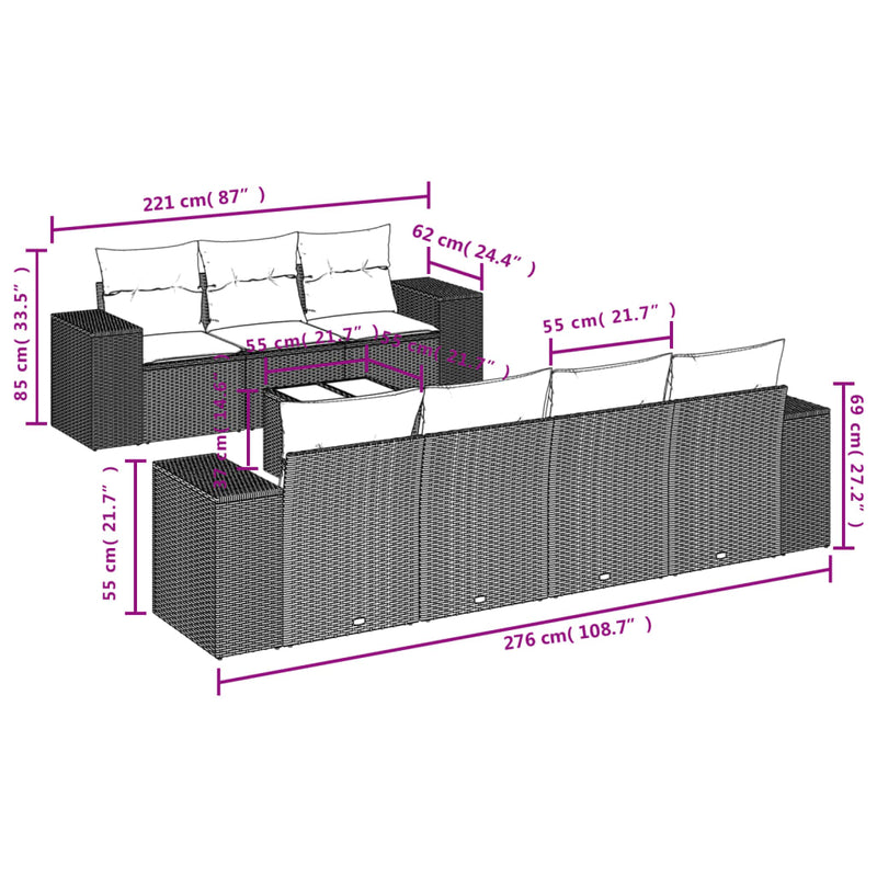 vidaXL 8 Piece Garden Sofa Set with Cushions Grey Poly Rattan