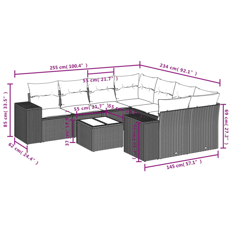 vidaXL 9 Piece Garden Sofa Set with Cushions Grey Poly Rattan