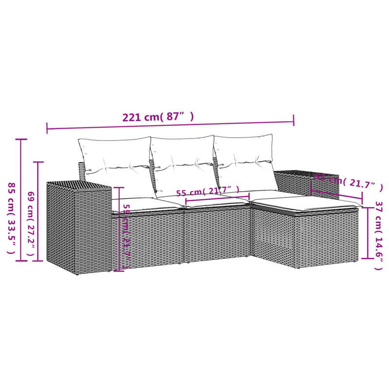 vidaXL 4 Piece Garden Sofa Set with Cushions Grey Poly Rattan