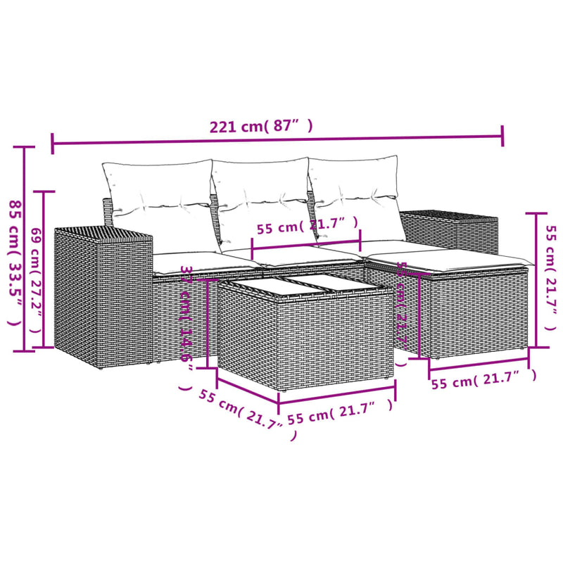vidaXL 5 Piece Garden Sofa Set with Cushions Grey Poly Rattan