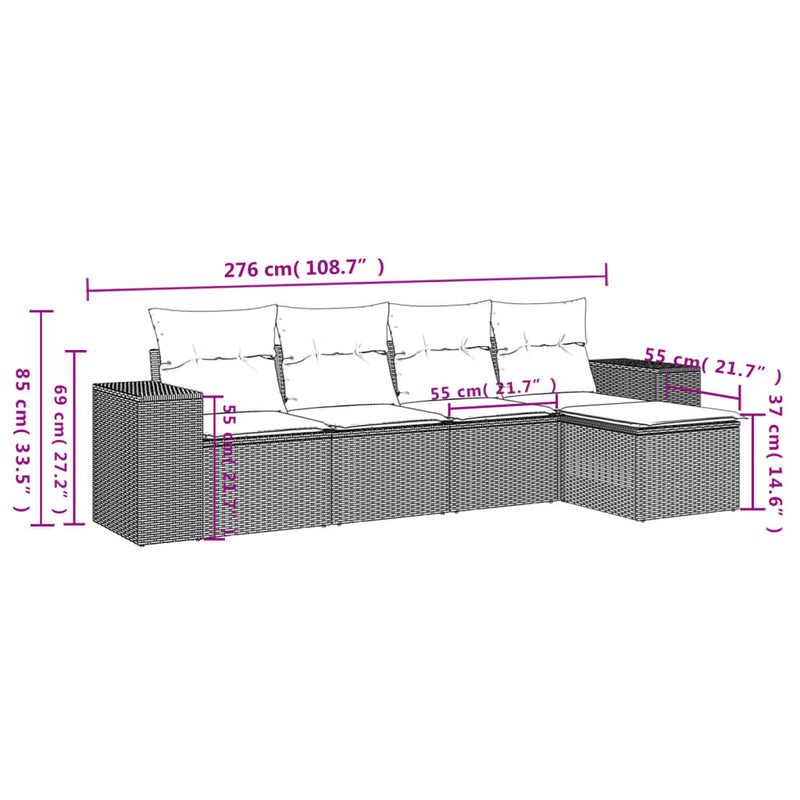 vidaXL 5 Piece Garden Sofa Set with Cushions Grey Poly Rattan