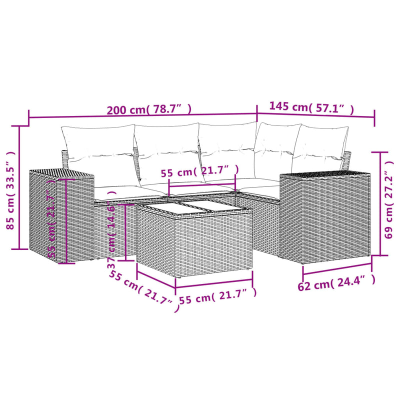 vidaXL 5 Piece Garden Sofa Set with Cushions Grey Poly Rattan