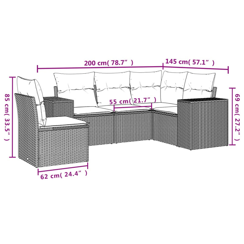 vidaXL 5 Piece Garden Sofa Set with Cushions Black Poly Rattan