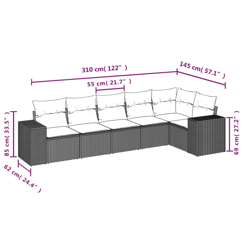 vidaXL 6 Piece Garden Sofa Set with Cushions Black Poly Rattan