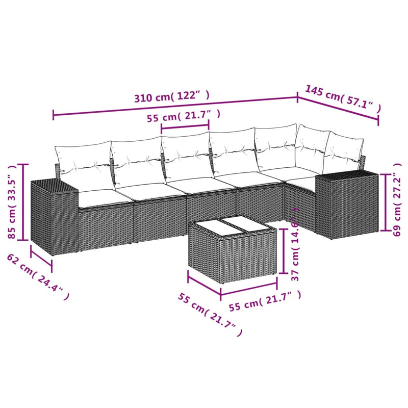 vidaXL 7 Piece Garden Sofa Set with Cushions Black Poly Rattan