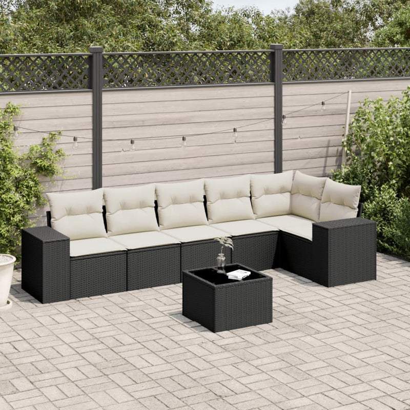 vidaXL 7 Piece Garden Sofa Set with Cushions Black Poly Rattan