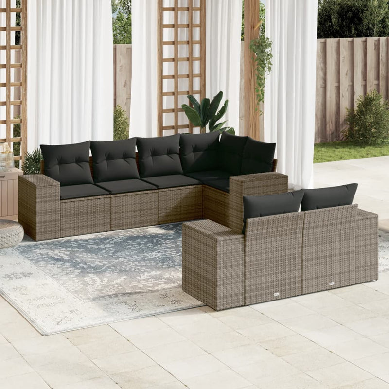 7 Piece Garden Sofa Set with Cushions Grey Poly Rattan