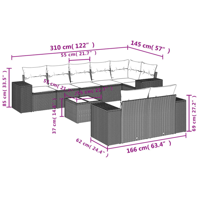 vidaXL 9 Piece Garden Sofa Set with Cushions Grey Poly Rattan