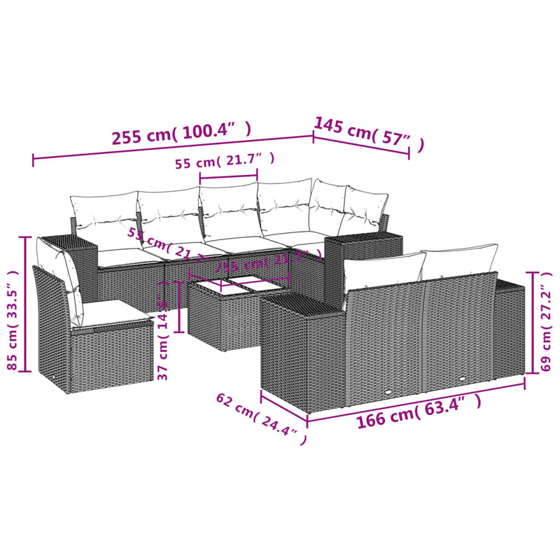 vidaXL 9 Piece Garden Sofa Set with Cushions Grey Poly Rattan