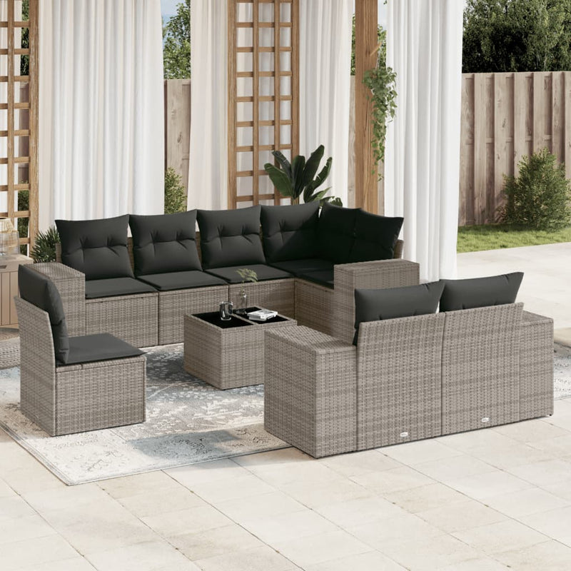 9 Piece Garden Sofa Set with Cushions Grey Poly Rattan