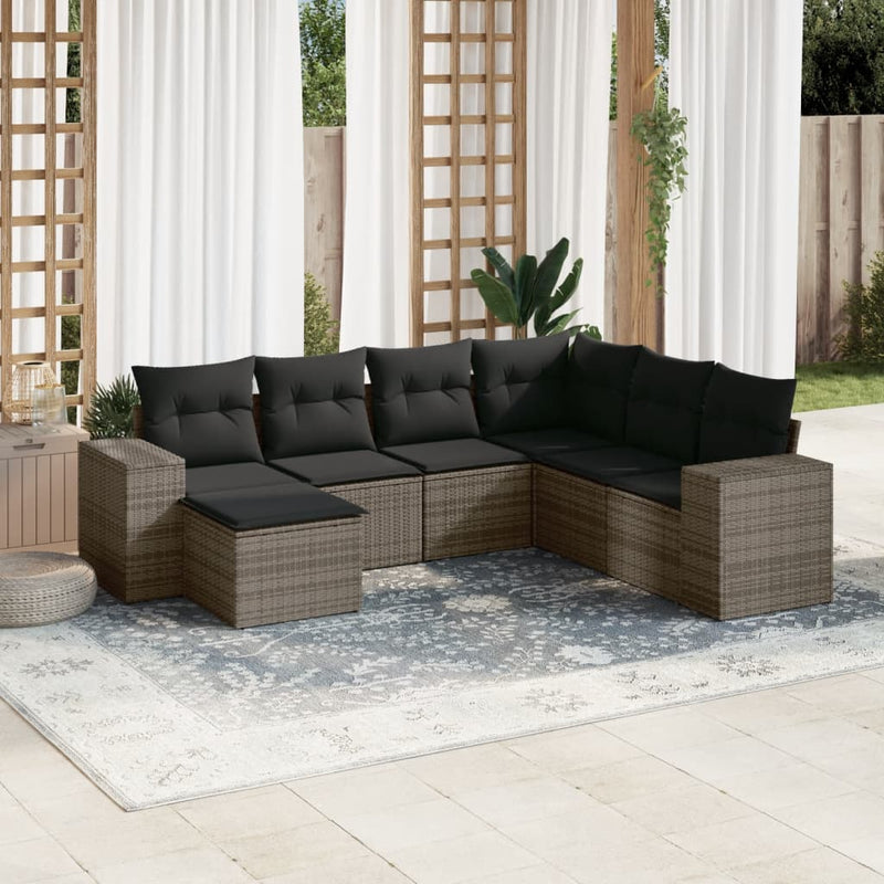 7 Piece Garden Sofa Set with Cushions Grey Poly Rattan