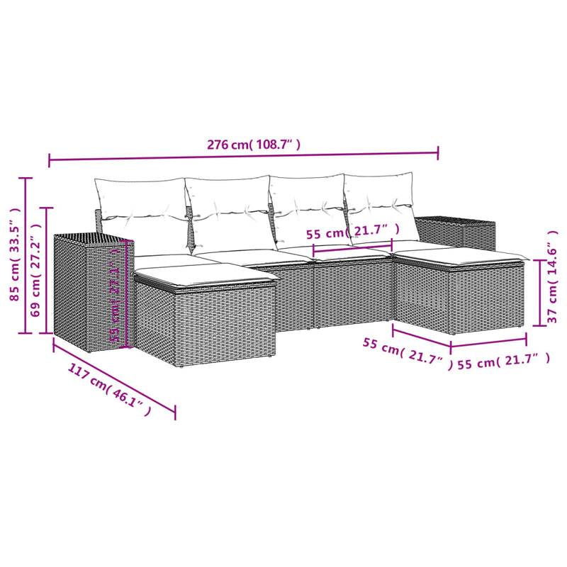 vidaXL 6 Piece Garden Sofa Set with Cushions Grey Poly Rattan