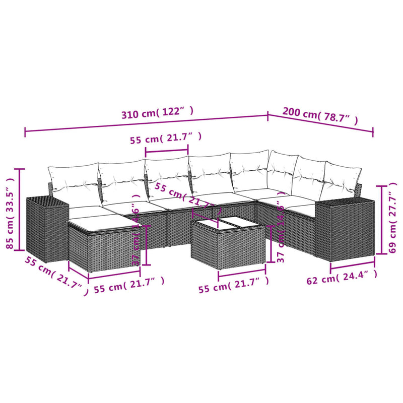 9 Piece Garden Sofa Set with Cushions Grey Poly Rattan