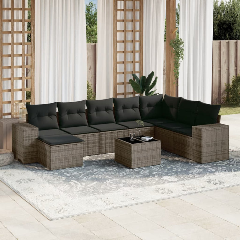 9 Piece Garden Sofa Set with Cushions Grey Poly Rattan