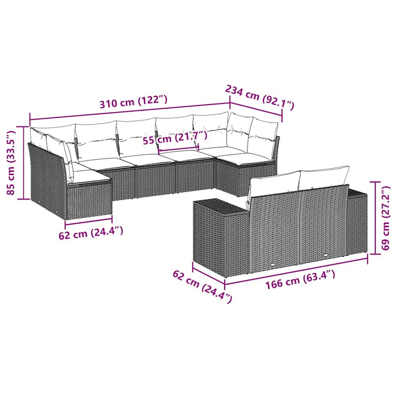 vidaXL 9 Piece Garden Sofa Set with Cushions Black Poly Rattan