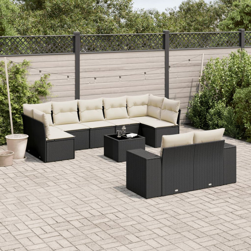 vidaXL 10 Piece Garden Sofa Set with Cushions Black Poly Rattan