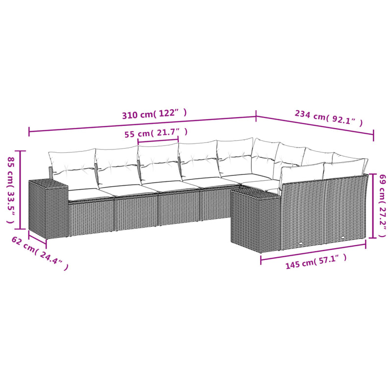 vidaXL 9 Piece Garden Sofa Set with Cushions Grey Poly Rattan