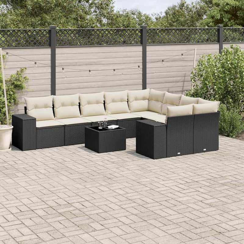 vidaXL 10 Piece Garden Sofa Set with Cushions Black Poly Rattan