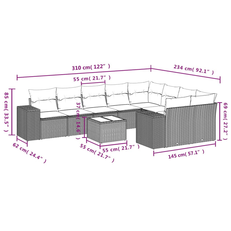 vidaXL 10 Piece Garden Sofa Set with Cushions Grey Poly Rattan