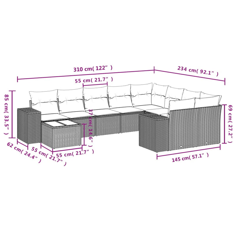 vidaXL 10 Piece Garden Sofa Set with Cushions Grey Poly Rattan