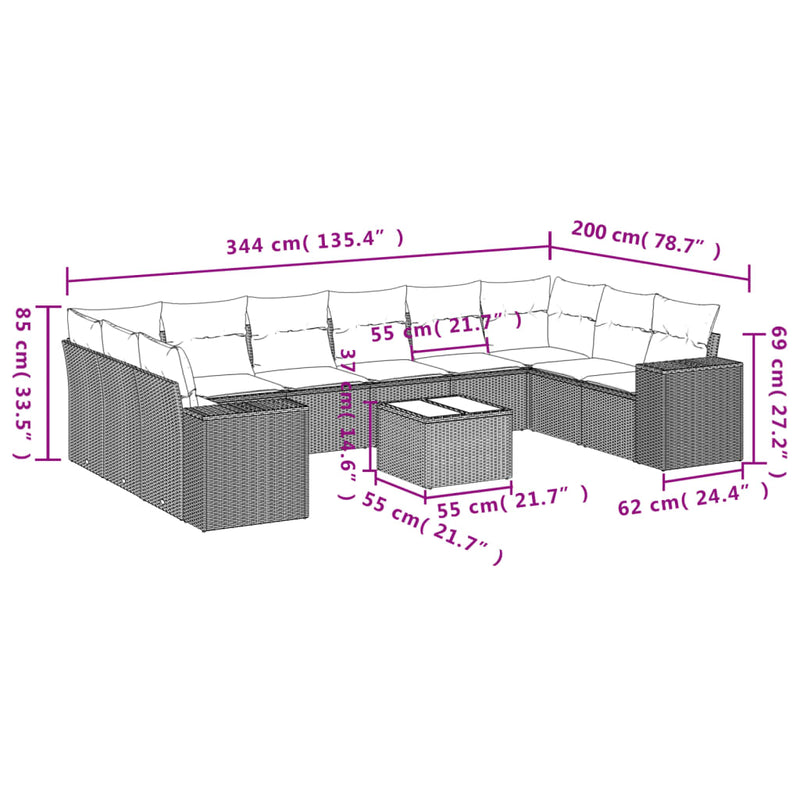 vidaXL 11 Piece Garden Sofa Set with Cushions Grey Poly Rattan