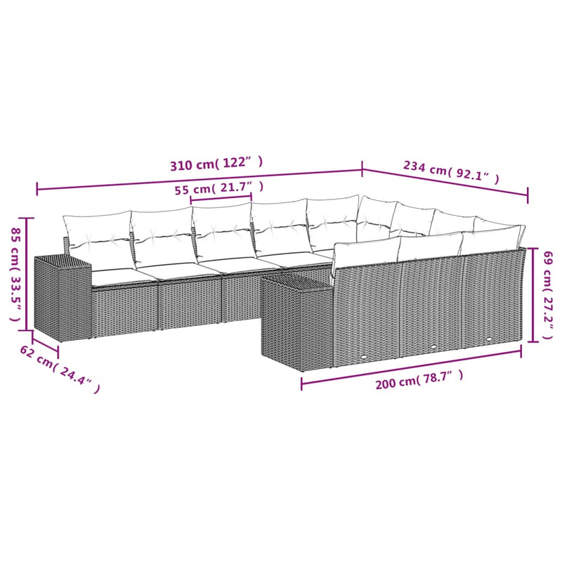 vidaXL 10 Piece Garden Sofa Set with Cushions Grey Poly Rattan