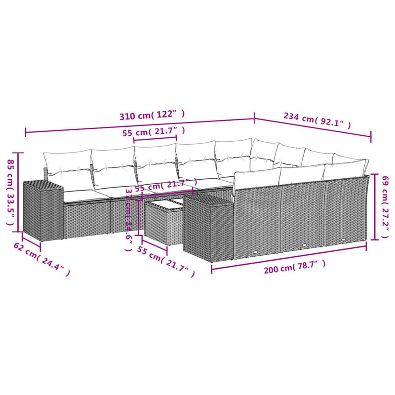 vidaXL 11 Piece Garden Sofa Set with Cushions Grey Poly Rattan