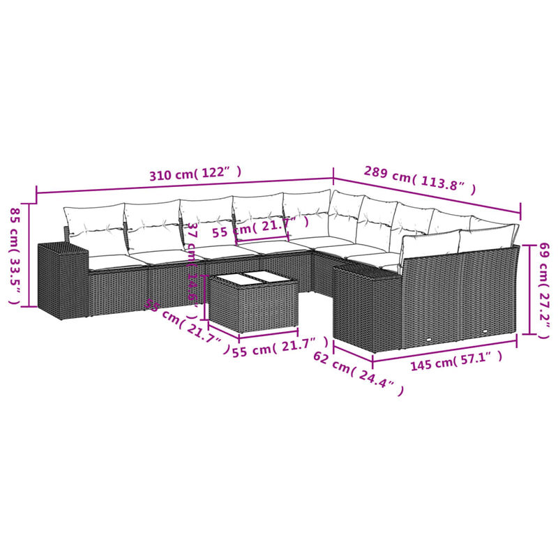 vidaXL 11 Piece Garden Sofa Set with Cushions Grey Poly Rattan