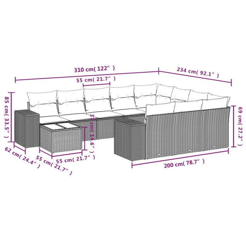 vidaXL 11 Piece Garden Sofa Set with Cushions Grey Poly Rattan