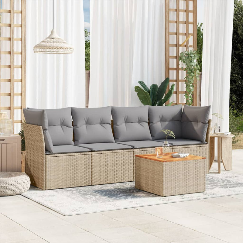 5 Piece Garden Sofa Set with Cushions Mix Beige Poly Rattan