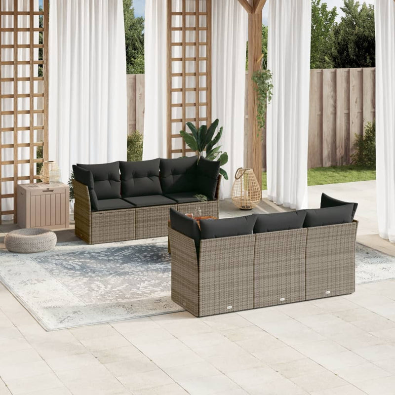 7 Piece Garden Sofa Set with Cushions Grey Poly Rattan