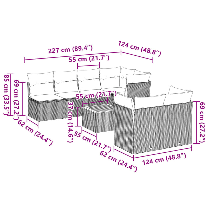 vidaXL 8 Piece Garden Sofa Set with Cushions Grey Poly Rattan