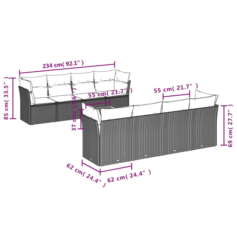 vidaXL 9 Piece Garden Sofa Set with Cushions Grey Poly Rattan