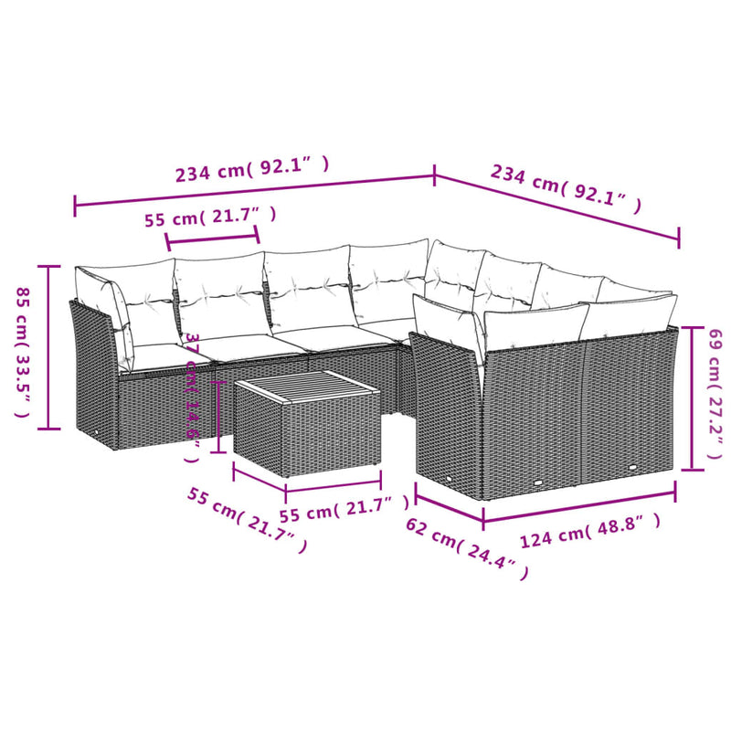 vidaXL 9 Piece Garden Sofa Set with Cushions Grey Poly Rattan