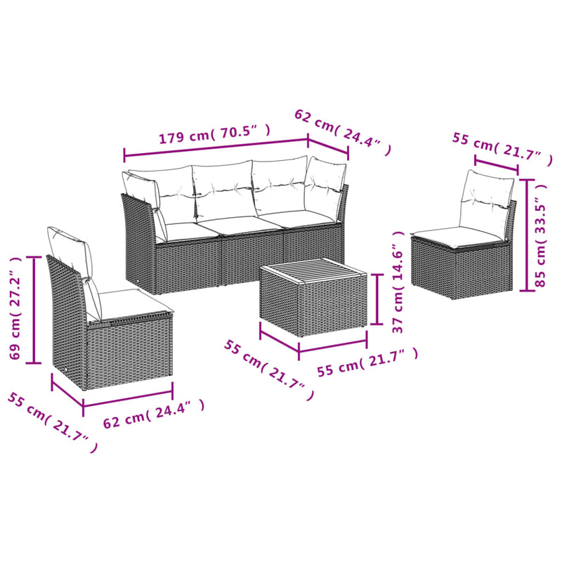 vidaXL 6 Piece Garden Sofa Set with Cushions Grey Poly Rattan