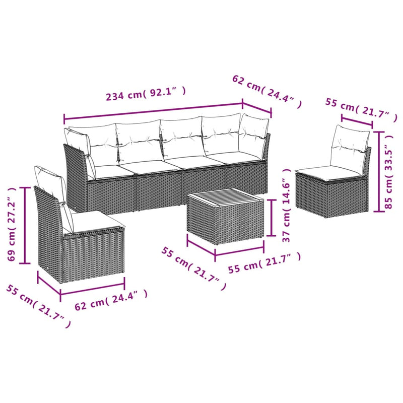 vidaXL 7 Piece Garden Sofa Set with Cushions Black Poly Rattan