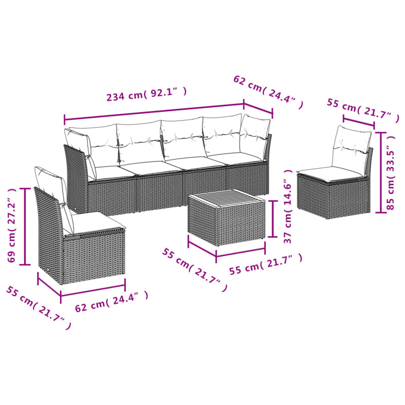 vidaXL 7 Piece Garden Sofa Set with Cushions Grey Poly Rattan