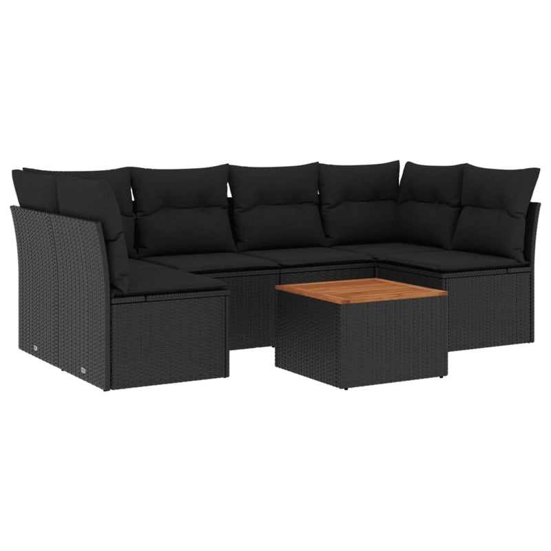 7 Piece Garden Sofa Set with Cushions Black Poly Rattan