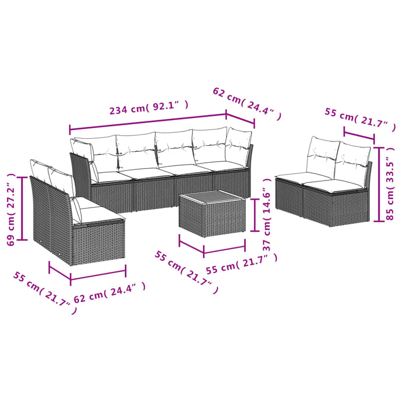 9 Piece Garden Sofa Set with Cushions Grey Poly Rattan