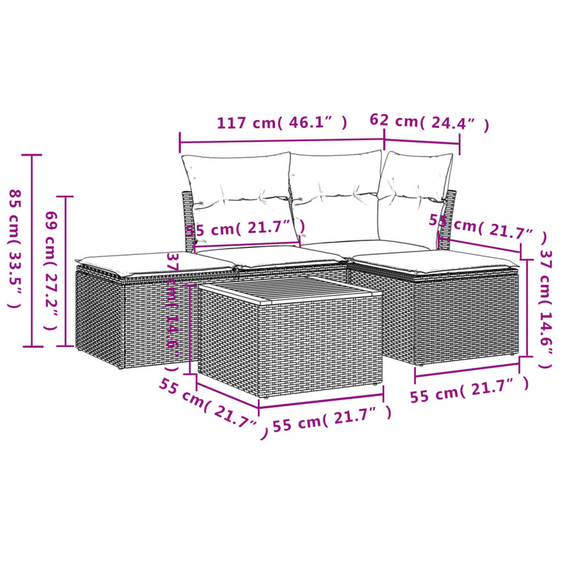 vidaXL 5 Piece Garden Sofa Set with Cushions Grey Poly Rattan