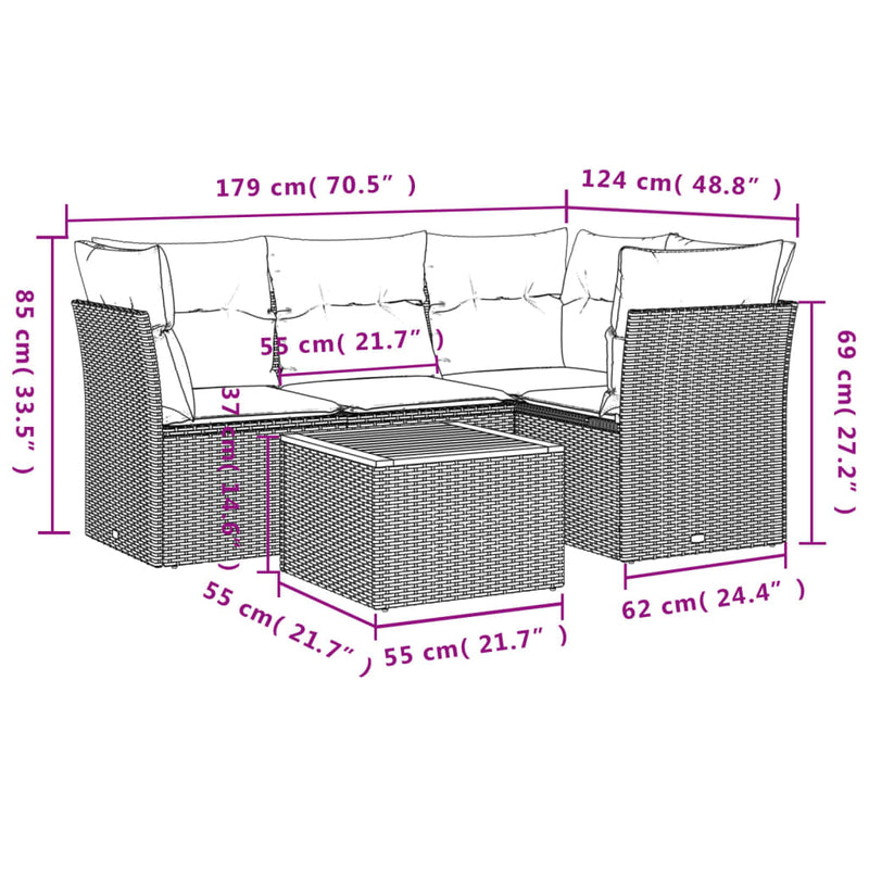vidaXL 5 Piece Garden Sofa Set with Cushions Grey Poly Rattan