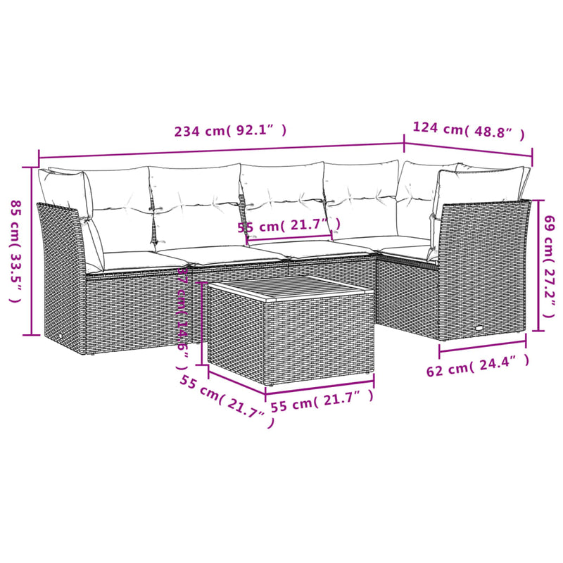 vidaXL 6 Piece Garden Sofa Set with Cushions Grey Poly Rattan