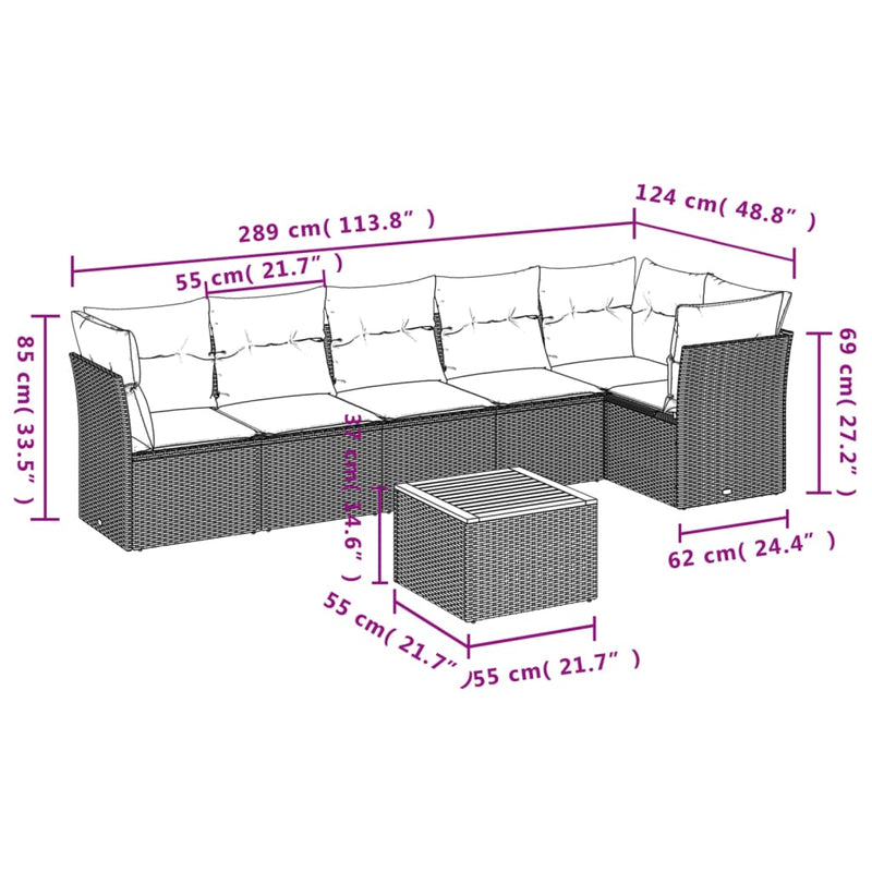 7 Piece Garden Sofa Set with Cushions Grey Poly Rattan