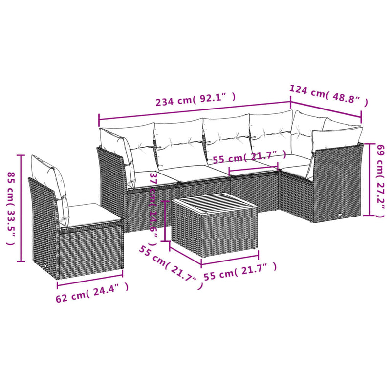 7 Piece Garden Sofa Set with Cushions Grey Poly Rattan