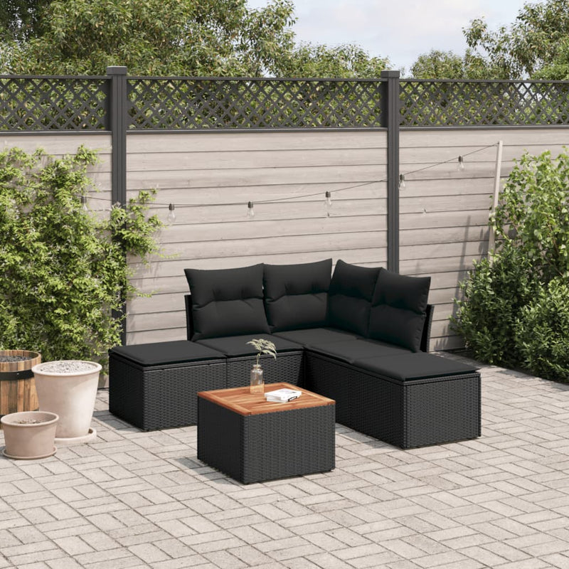 6 Piece Garden Sofa Set with Cushions Black Poly Rattan