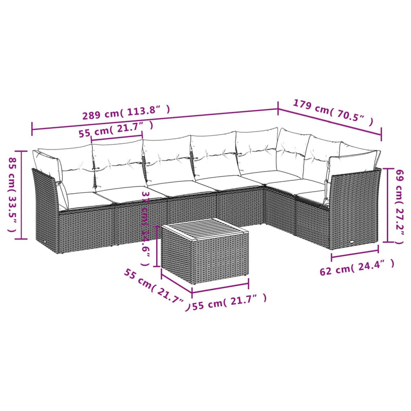 vidaXL 8 Piece Garden Sofa Set with Cushions Grey Poly Rattan