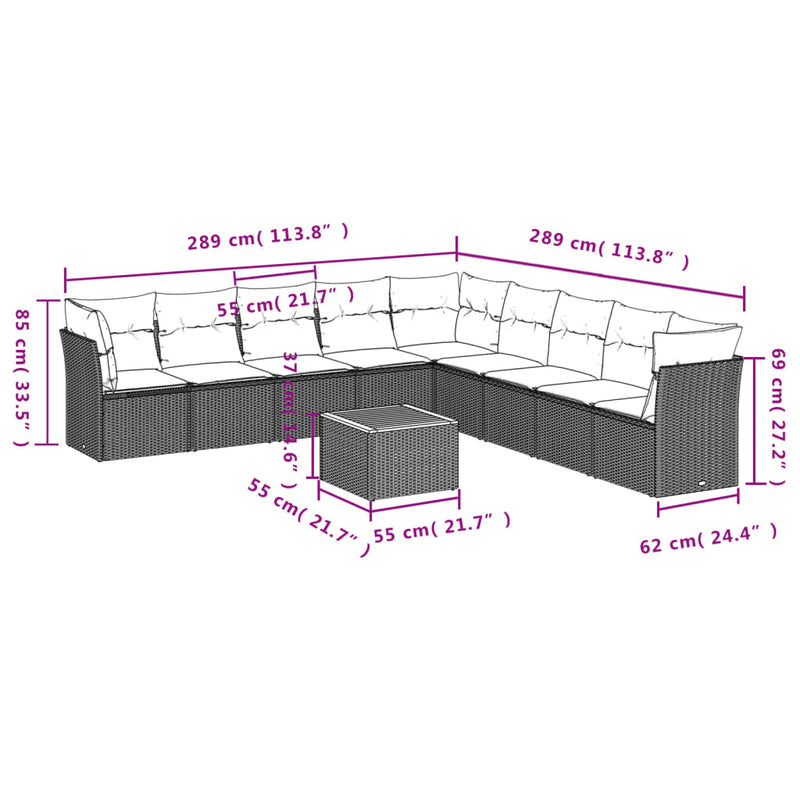 vidaXL 10 Piece Garden Sofa Set with Cushions Grey Poly Rattan